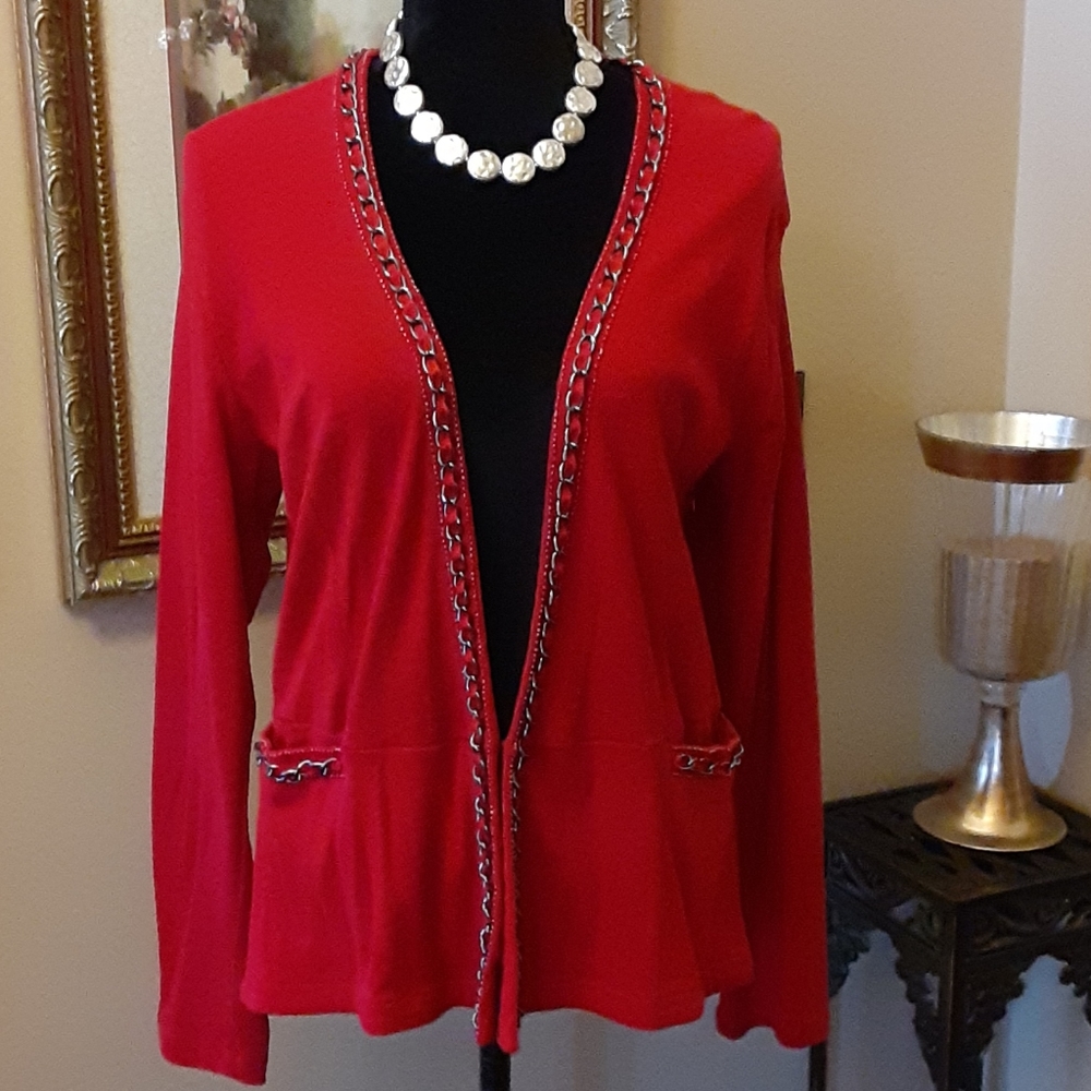 Rafaella Red long sleeve cardigan silver chain grosgrain ribbon trim Large EUC …